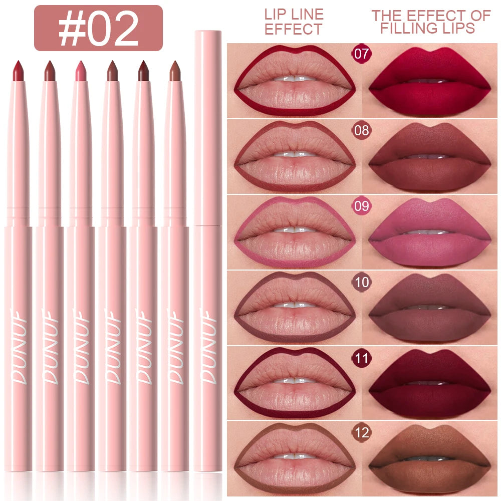Set of lip pencils with color swatches on a beige background
