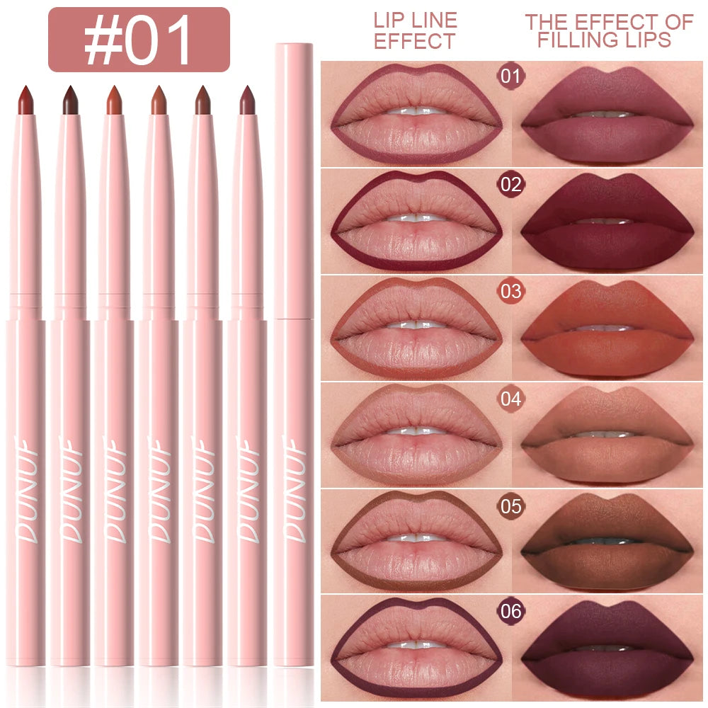 Set of lip liners with color swatches showing lip line effect and filling lips.