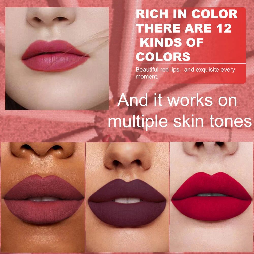 Lipstick advertisement showing different shades on various skin tones with text highlighting color variety and skin compatibility.