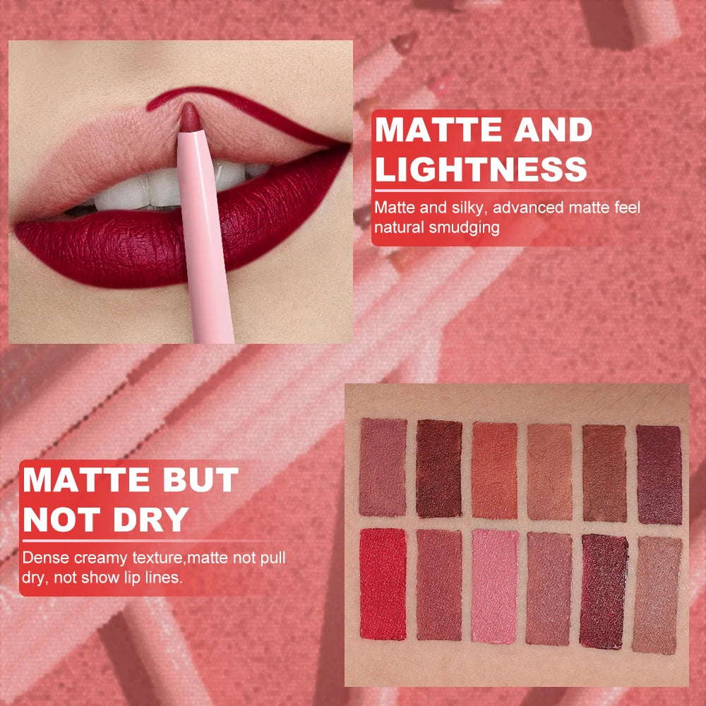 Lipstick application and color swatches on a pink background