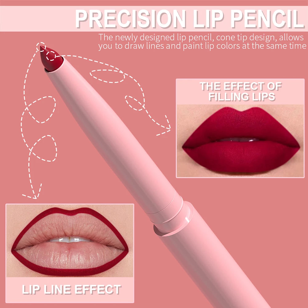 Precision lip pencil with pink casing on a pink background, showing lip line effect and filling lips.