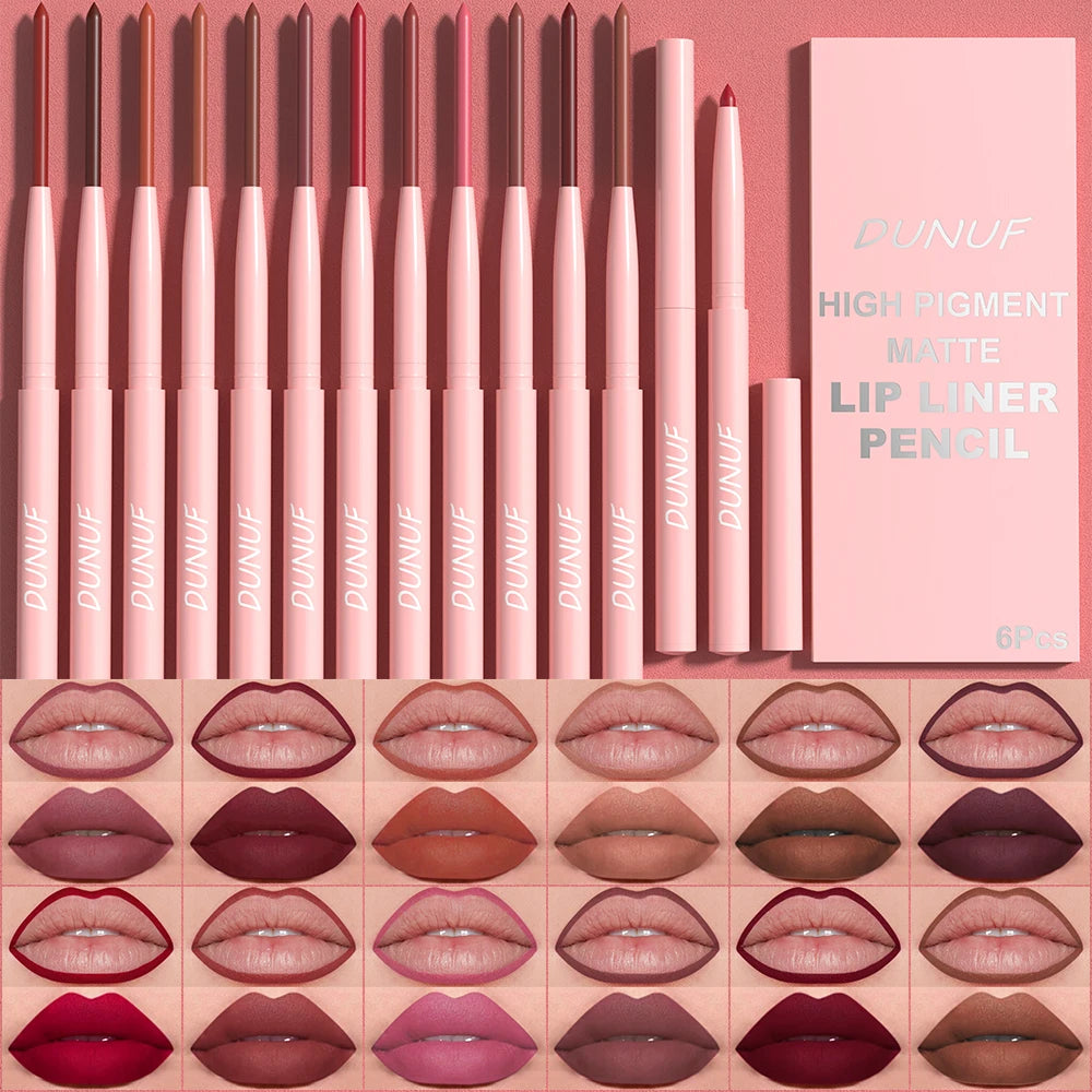 DUNUF high pigment matte lip liner pencil set with 18 lip pencils in various shades, shown alongside a pink product box. The bottom features a grid of lip swatches demonstrating the matte finish and range of colors from nude pink to deep burgundy.