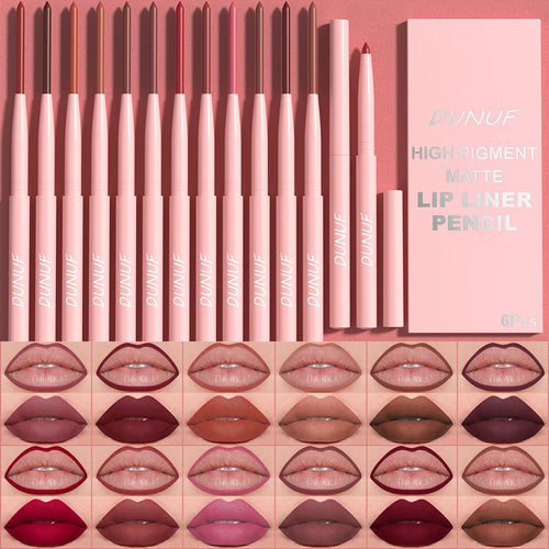 DUNUF high pigment matte lip liner pencil set with 18 lip pencils in various shades, shown alongside a pink product box. The bottom features a grid of lip swatches demonstrating the matte finish and range of colors from nude pink to deep burgundy.
