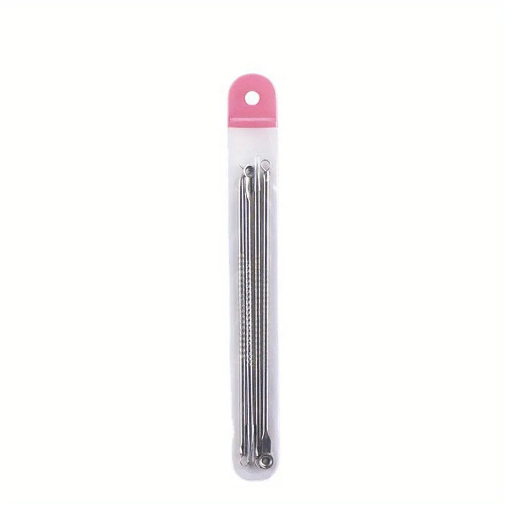Set of metal needles in a clear plastic case with pink top on a white background